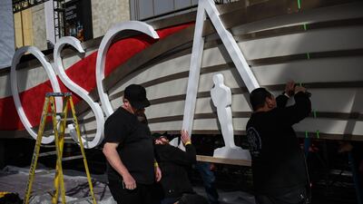 "OSCARS" letters are installed on the red carpet. AFP