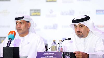 Abdulmunam Al Hashmi, President of UAEJJF, left, and Aref Al Awani, General secretary of the Abu Dhabi Sports Council at the press conference to announce the 10th Abu Dhabi World Professional Jiu-Jitsu Championship at Etihad Towers, Abu Dhabi. Chris Whiteoak / The National