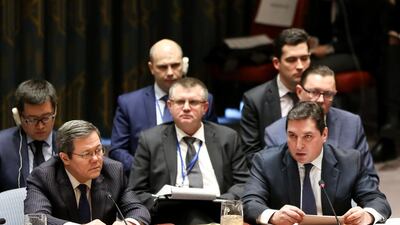 Russia's deputy permanent representative to the UN Vladimir Safronkov (R) attends the UN Security Council session on imposing new sanctions on North Korea, in New York, on December 22, 2017. Amr Alfiky / Reuters