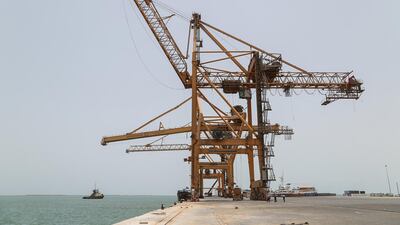 A container crane is seen at Saleef port in the western Red Sea Hodeida province. AFP