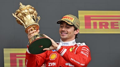 First-placed Scuderia Ferrari driver Charles Leclerc of Monaco poses with his trophy on the podium after the Formula One British Grand Prix at the Silverstone Circuit racetrack in Silverstone, Britain, 05 July 2026. EPA / PETER POWELL