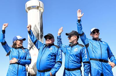 Star Trek actor William Shatner, second from left, and his fellow passengers, prepare to take off for space in Jeff Bezos' Blue Origin. Mario Tama / Getty Images / AFP