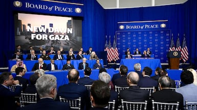 The Gaza reconstruction plan is shown on a screen during the Board of Peace meeting at the Donald J Trump US Institute of Peace in Washington, US. EPA