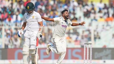 India bowler Mohammed Siraj celebrates the dismissal of South Africa's Keshav Maharaj for a duck. AP