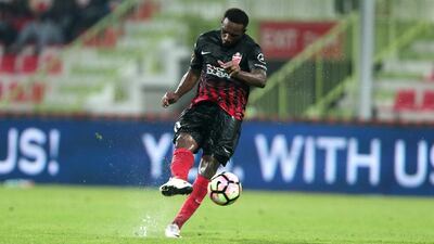 Al Ahli’s Ahmed Khalil scores against Emirates during their Arabian Gulf League football match at the Rashid Stadium in Dubai on September 17, 2016. Christopher Pike / The National