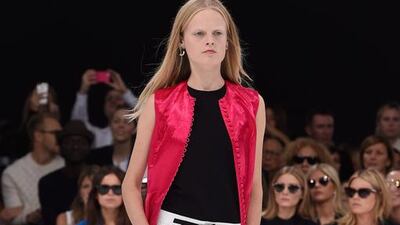 The most fabulous long waistcoats were by Raf Simons for Dior’s 18th-century-inspired collection, which were tailored with Rococo complexity, creating swinging, springing skirts. Getty Images