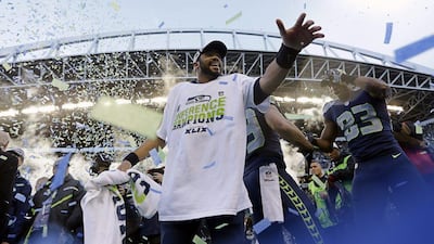 Seattle quarterback Russell Wilson celebrates after Seahawks' victory in the NFL NFC Championship final against the Green Bay Packers Sunday, Jan. 18, 2015, in Seattle. David J. Phillip/AP
