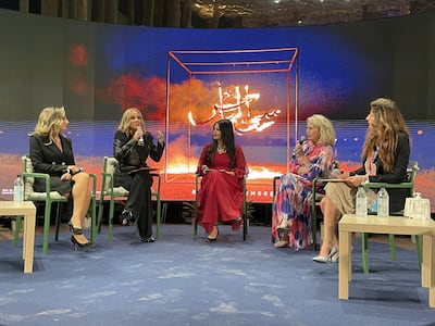 A panel during Expo 2020 on Breaking Stigmas Around Women Ageing, with presenter Rania Ali, centre, and Egyptian actress Shereen Reda, with mic, in attendance. Photo: Tena Middle East