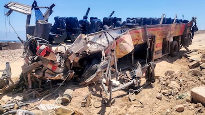 The wreckage of a passenger bus that crashed on the Dahab-Nuweiba road in Egypt's south Sinai region on September 2, 2026. AFP