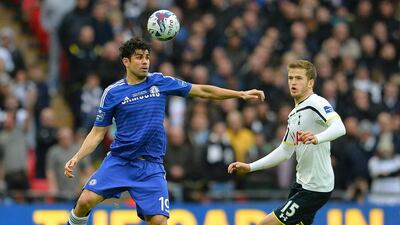 Chelsea striker Diego Costa, left, vies with Tottenham Hotspur defender Eric Dier during the English League Cup final at Wembley Stadium in north London on March 1, 2015. AFP PHOTO / GLYN KIRK