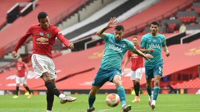 Mason Greenwood scores Manchester United's fourth and his second goal. EPA