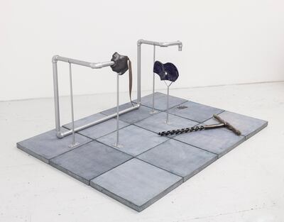 Extruder (#1) 2017 Partially glazed ceramics, screws, metal structure, metal pipes, concrete tiles, lacquer