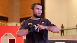 Umar Nurmagomedov takes part in an open workout ahead of his fight against Mario Bautista in the bantamweight division. UFC 321. Yas Mall, Abu Dhabi. Chris Whiteoak / The National