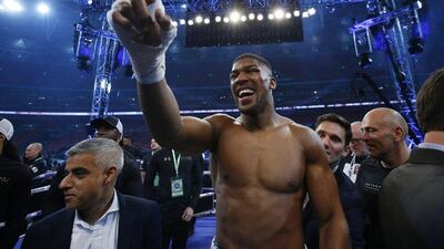 Anthony Joshua celebrates with mayor of London Sadiq Khan after beating Wladimir Klitschko at Wembley Stadium. Andrew Couldridge / Reuters