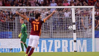 Barcelona's goalkeeper Marc-Andre ter Stegen reacts as the equalising 1-1 goal is scored by AS Roma's Alessandro Florenzi, unseen, in the Champions League on Wednesday night. Maurizio Brambatti / EPA