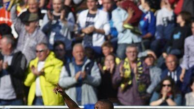 Cedric Bakambu of Villarreal celebrates scoring his team’s first goal during the La Liga match between Villarreal CF and FC Barcelona at El Madrigal on March 20, 2016 in Villarreal, Spain. (Photo by Manuel Queimadelos Alonso/Getty Images)