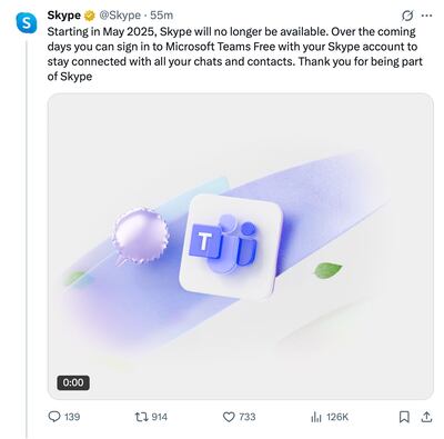 In a social media post, Microsoft announced that Skype would no longer be available beginning in May, and that the company was encouraging users to switch to Microsoft Teams. Photo: Microsoft / X