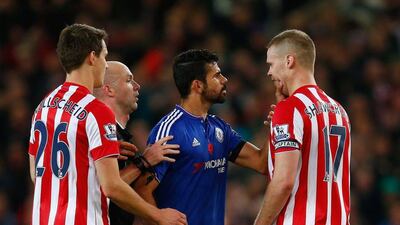 Diego Costa of Chelsea argues with Ryan Shawcross of Stoke City after their Premier League match last weekend. Laurence Griffiths / Getty Images / November 7, 2015