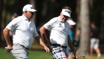 Ian Poulter, right, and Lee Westwood during the second round of the inaugural LIV Golf Invitational at Centurion Club. Reuters