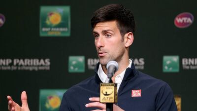 Novak Djokovic fields questions from the media at a press conference during the BNP Paribas Open at the Indian Wells Tennis Garden on March 9, 2017 in Indian Wells, California. Matthew Stockman / Getty Images