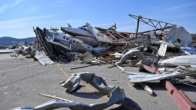 Damage to planes and property is seen at the John C. Tune Airport after a tornado hit Nashville, Tennessee. Reuters