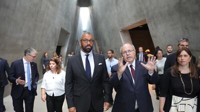 Britain's Foreign Secretary James Cleverly and Dani Dayan, chairman of the Yad Vashem Holocaust memorial museum, in Jerusalem on Monday. EPA