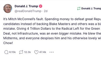 Mr Trump blamed Senate Minority Leader Mitch McConnell for Republicans' poor showing in the midterm elections. Photo: Screengrab from Truth Social
