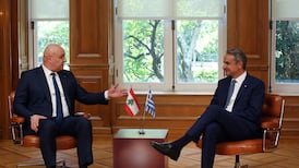 President of Lebanon Joseph Aoun, left, with Greek Prime Minister Kyriakos Mitsotakis during their meeting in Athens. EPA