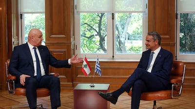 President of Lebanon, Joseph Aoun, left, with Greek Prime Minister, Kyriakos Mitsotakis, during their meeting in Athens. EPA