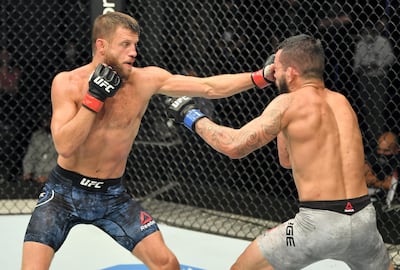 Calvin Kattar, left, during his victory over Dan Ige at UFC Fight Island. Getty Images