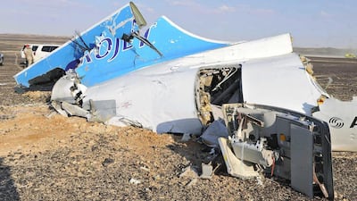 Debris from crashed the Russian jet lies strewn across the sand at the site of the crash in Sinai, Egypt. The Egyptian government dispatched more than 45 ambulances to the crash site after the jet disappeared from radar after requesting an emergency landing. The black box has been recovered at the site. EPA