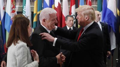 US President Donald Trump (R) greets Prime Minister of Montenegro Dusko Markovic (C) at the delegate luncheon on the sidelines of the General Debate of the General Assembly of the United Nations at United Nations Headquarters. EPA