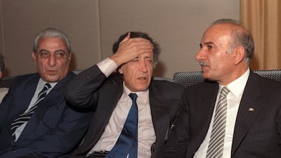 Algerian envoy Lakhdar Brahimi during the Taif talks between Lebanese politicians, with his hand on his forehead, September 29, 1989. The accord made Brahimi reputation as an international diplomat but entrenched a system of spoils that has brought the country to the verge of economic collapse, sparking the current upheaval. AFP