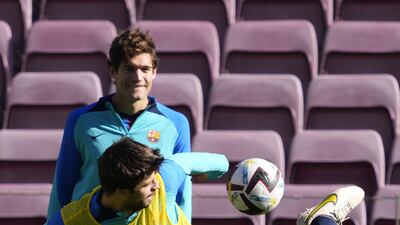 Gerard Pique trains for Saturday's match against Almeria. EPA