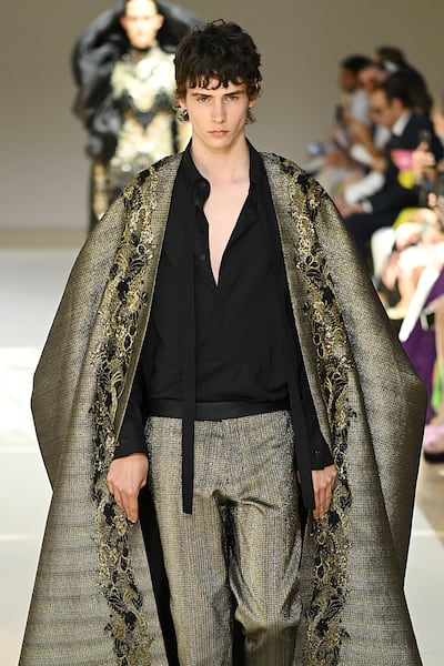 One of the menswear looks that appeared on the Elie Saab haute couture runway, for autumn/winter 2022-23. Getty Images