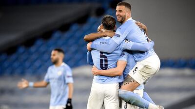 City's Kyle Walker, right, and his teammates celebrate after winning the Champions League semi final, second leg against Paris Saint-Germain. Next up, the Champions League final in Istanbul on May 29. EPA