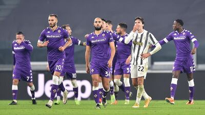 Fiorentina's players celebrate the second goal against Juventus. EPA