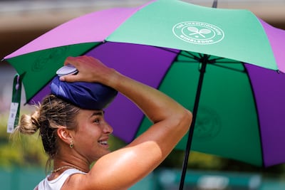 Aryna Sabalenka uses an ice pack during training ahead of the Wimbledon Championships. EPA