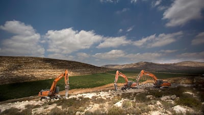 In this June 21, 2017 file photo, diggers break ground for a new settlement near the Israeli settlement of Shilo, in the West Bank. Israeli Defense Minister Avigdor Lieberman said Thursday, May 24, 2018, that he will seek approval next week to fast-track construction of 2,500 new West Bank settlement homes this year and advance 1,400 more units that are currently in the planning stage. AP Photo / Dusan Vranic