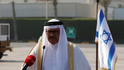 Bahrain's Foreign Minister Abdullatif Al Zayani delivers a statement upon the arrival of an Israeli delegation accompanied by the US treasury secretary, in Muharraq, Bahrain. Reuters