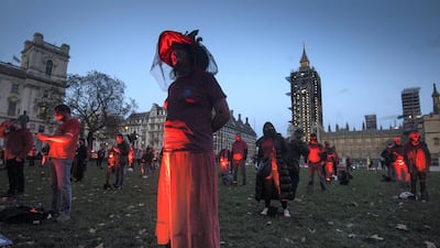 Backstage technical crews who support the performing arts industry protest calling for more funding for the performing arts in Parliament Square, London. Getty Images