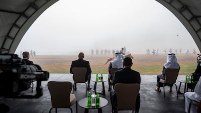 President Sheikh Mohamed and Ilham Aliyev, President of Azerbaijan, centre left, sit together at a performance demonstrating musical heritage and Karabakh horses on the Jidir Duzu plain, during an official visit to Azerbaijan. Abdulla Al Bedwawi / UAE Presidential Court