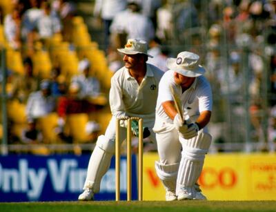 8 Nov 1987: Mike Gatting of England is caught out for 41 off Allan Border of Australia during the World Cup Final at Eden Gardens in Calcutta, India. Australia won by 7 runs. Mandatory Credit: Adrian Murrell /Allsport