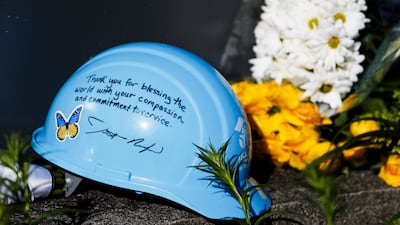 A Habitat for Humanity hardhat left by chief executive Jonathan Reckford as a memorial to late first lady. EPA