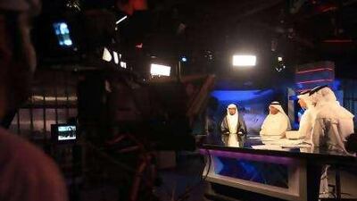 From left, Dr Hassan al Hafnawi, the religious consultant at the Presidential Palace, Dr Saleh al Taee, the director of relief and emergency at the UAE Red Crescent Authority, and the Abu Dhabi TV presenters Yasir al Mansour and Saeed al Shuaib, urge viewers to pledge money to the devastated people of Pakistan.