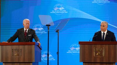 US President Joe Biden and caretaker Israeli Prime Minister Yair Lapid at a press conference at the Waldorf Astoria Hotel in Jerusalem. EPA