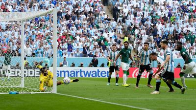 Saudi Arabia's goalkeeper Mohammed Al Owais saves a shot from Argentina. AP