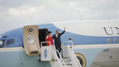 American President Richard Nixon and his wife Pat arrive at London Airport (now Heathrow), aboard Air Force One – a Boeing 707 VC-137C, circa 1970.