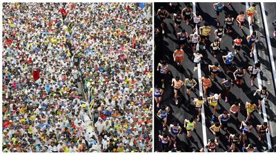 Combination photos show runners fill the street at the start of the Tokyo Marathon 2019 in Tokyo, Japan in this March 3, 2019 (left) Kyodo photo and runners during the Tokyo Marathon 2020 in Tokyo, Japan March 1, 2020. The 2020 Tokyo Marathon was limited to elite runners marking the latest sports events to be affected by fears over the new coronavirus. Reuters