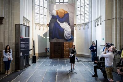 The 2024 World Press Photo Award-winning image by Mohammed Salem for Reuters at the ceremony in the Nieuwe Kerk in Amsterdam, the Netherlands, on Thursday. EPA